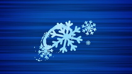 Flying flake of snow on blue background. Looped animation of snowflake throw. Moving snowflake on dynamic abstract background. Animated winter in motion. Anime style drawing of cold with action effect