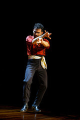 Flamenco dancer's dynamic expression on stage, copy space.
