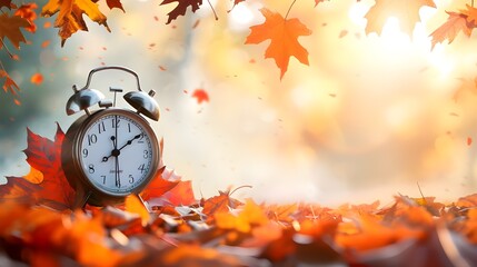 alarm clock and autumn leaves