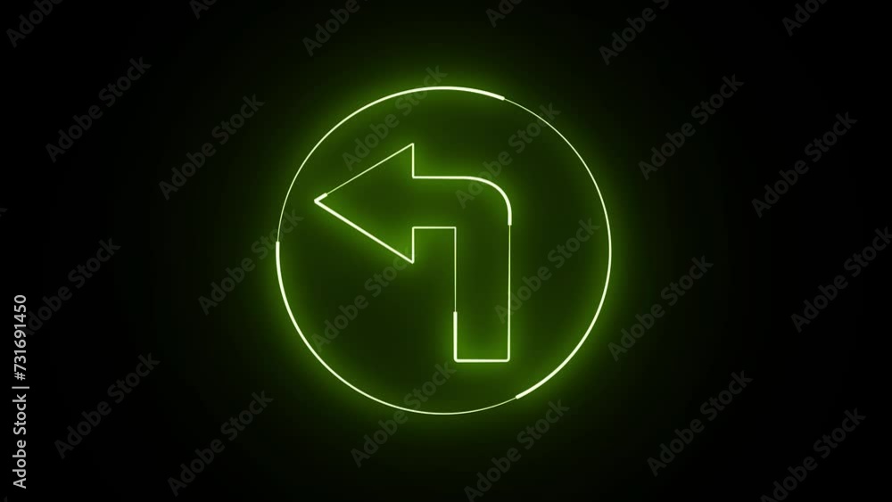 Poster neon line left arrow blinking animation. abstract neon directional arrow icon and looking signal on 