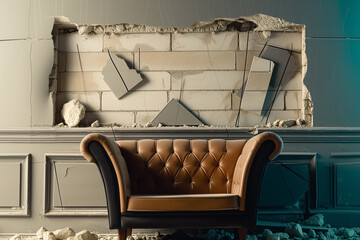 Abandoned armchair in a dilapidated room with crumbling walls