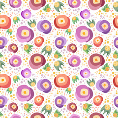 Colorful floral elements on transparent backdrop seamless pattern. Violet, rose and red shaded flowers with green and yellow floral elements pattern. 