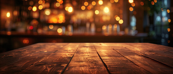 Empty Wooden Table with Blurred Bar Background