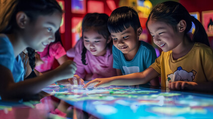 Capture the essence of AI-assisted learning with real-world scenes showcasing students immersed in technology-driven education