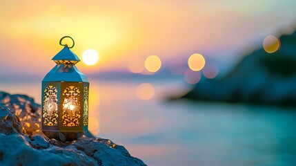 Arabic Lantern on rock with blurry sea beach Ramadan Kareem concept background