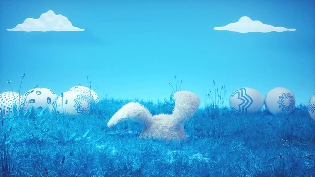 3d Rendered Animated Scene Of Dropping Floral White Easter Eggs And Easter Bunny On Blue Field.