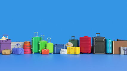 Multicolored luggage in a line on blue background. Travel colorful tourism idea.