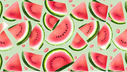 Vibrant and colorful watercolor painting depicting a spread of ripe watermelon slices