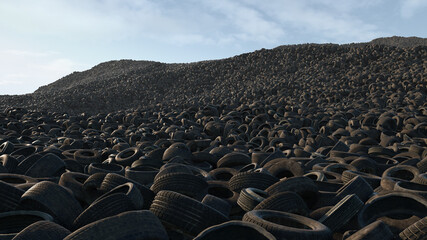 Industrial landfill of old used tires.  Heaps of waste tires.