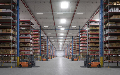 Rows of warehouse shelves with forklifts. Modern warehouse storage room.