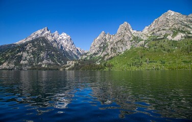 Scenic view of the majestic Grand Teton Mountains reflected in the tranquil waters of a lake