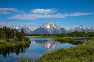 Scenic view of the majestic Grand Teton Mountains reflected in the tranquil waters of a lake