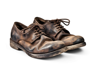 Pair of an old worn out shoes isolated on a white background. Generative AI.