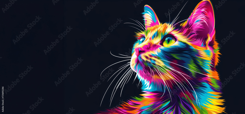 Poster cat in vibrant colour vibes. abstract background with cat. cat face with paint splash art. colorful 