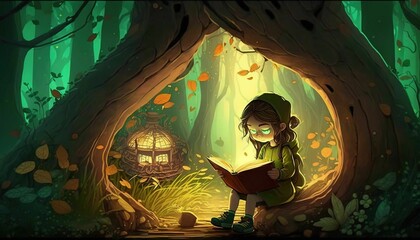 Obraz na płótnie Canvas AI-generated illustration of a young female enjoying a book in a tranquil setting of a tree.