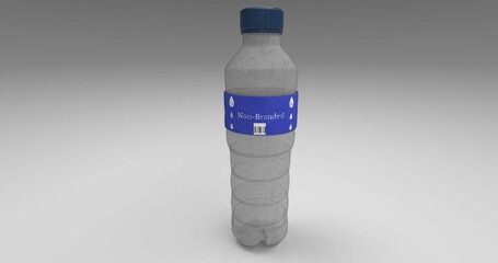 3d illustration of a plastic water bottle with a blue label isolated on a grey background