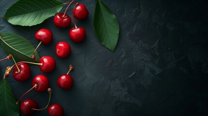 A banner with cherry berries on a black background. Dark background with a cherry, copy space.