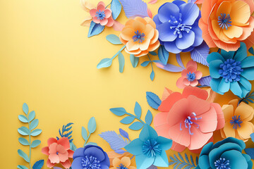 Pastel blue orange paper cut spring flowers on a yellow background. Spring floral background with copy space.