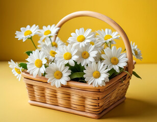 Fototapeta na wymiar White flowers in wooden baskets on yellow spring background