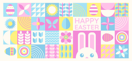 Happy Easter banner with flat graphic elements and symbols of the Holiday, decorated eggs and bunny, plants drawings. Vector illustration with text greeting.
