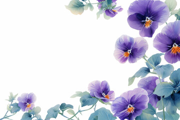 Beautiful delicate purple pansy or viola tricolor on a white background. Greeting card, invitation floral design. Copy space. - obrazy, fototapety, plakaty
