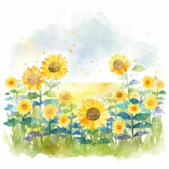 AI generated illustration of a beautiful watercolor sunflower field on a white background