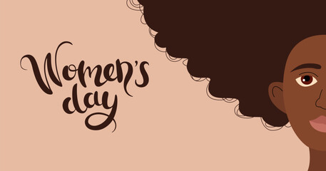 Happy Womens day horizontal banner. Women African American races. 8 March copy space banner