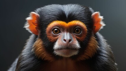 Orange-colored monkey's face against a dark background, AI-generated.
