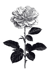 Blooming rose. Illustration hand drawn in engraving style. Ink drawing.
