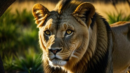 AI generated illustration of a majestic male lion amongst tall grasses