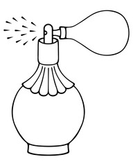 Spray fragrant perfume. By pressing on the pear-shaped spray bottle. Sketch. A pot-bellied glass bottle with fragrant eau de toilette. Vector illustration. Doodle style. 