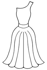 Evening dress with one strap. One-shoulder sundress, floor-length, with a full skirt. Sketch. Women's clothing with a narrow waist and pleated hem. Vector illustration. Doodle style. 