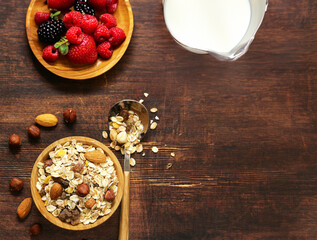 homemade granola muesli with nuts and honey for breakfast
