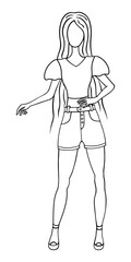 Sweet lady. Sketch. A woman in a blouse with bell sleeves and short denim shorts. Vector illustration. Doodle style. A girl with long hair froze in a beautiful pose. Outline on isolated background. 
