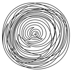 The doodles are tangled into a ball. Sketch. A ball of threads twisting towards the center. Vector illustration. Round shape with a fantastic pattern inside. Doodle style. 