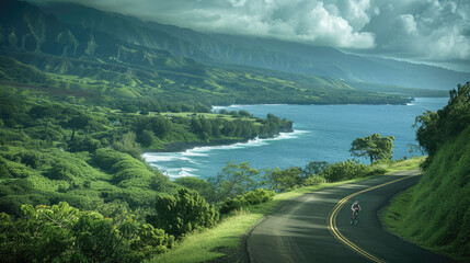 a cyclist riding down the road with mountains on either side