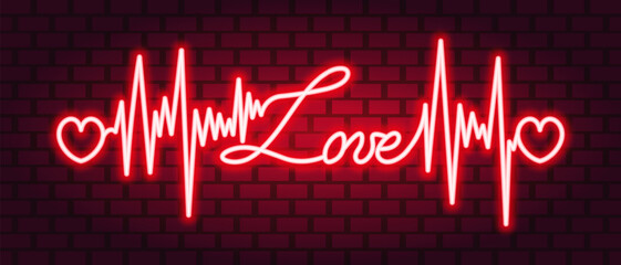 Love. The text is decorated with a pulse and hearts. Red neon glow. Color vector illustration. Isolated red brick background. Broken zigzag line and romantic italic inscription. Idea for web design - obrazy, fototapety, plakaty