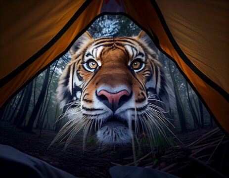 AI generated wide angle illustration of a tiger looking at the camera with forest in the background