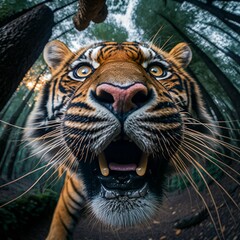 AI generated wide angle illustration of a tiger looking at the camera with forest in the background