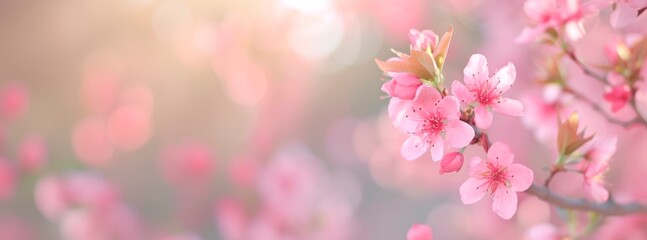 Fototapeta na wymiar small pink flowers on a tree branch, with natural, colorful bokeh background, horizontal banner, copy space for text, nature and spring equinox concept 