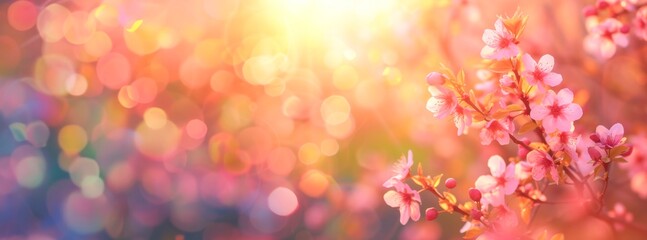 small pink flowers on a tree branch, with natural, colorful bokeh background, horizontal banner, copy space for text, nature and spring equinox concept  - obrazy, fototapety, plakaty