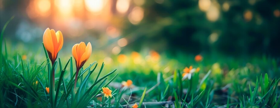 small yellow flowers on a tree branch, with natural, colorful bokeh background, horizontal banner, copy space for text, nature and spring equinox concept - Powered by Adobe