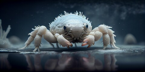 AI generated illustration of a unique hermit crab on a sandy shoreline of tranquil ocean water