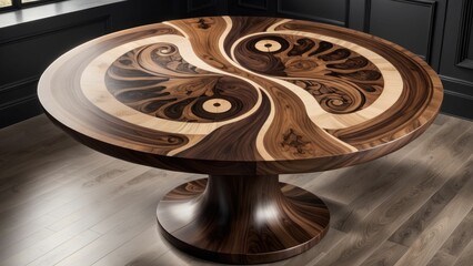 a round wooden table on a wood floor with dark brown walls
