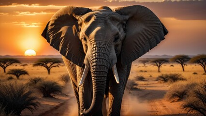 AI generated illustration of an African elephant in an arid landscape at sunset