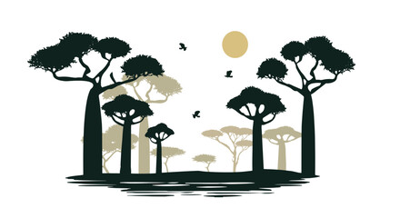 African landscape with baobab trees and river vector silhouette