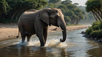 AI-generated illustration of a majestic elephant in a tranquil pool surrounded by lush greenery