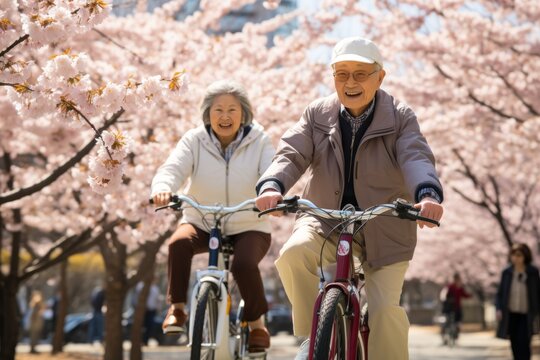 Active elderly couple, both 75, enjoying cycling in sportswear on a sunny spring morning in the park