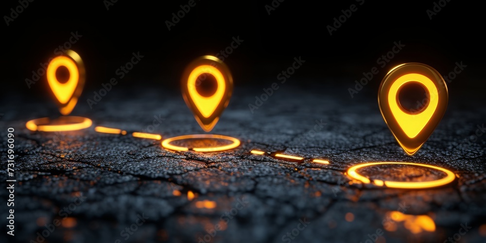 Aufkleber illuminated gps location pins mapping a journey across a digitally conceptualized terrain, generativ