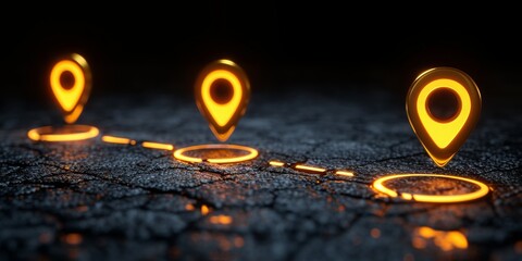 Illuminated GPS Location Pins Mapping a Journey Across a Digitally Conceptualized Terrain, Generative AI - obrazy, fototapety, plakaty